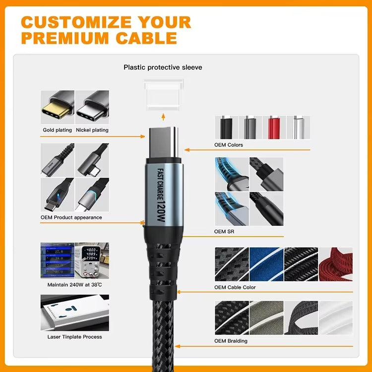 120W USB C to USB C Charger Cable Nylon Braided Type C Fast Charging Data Cable for iPhone 16 15 Pro Max Plus iPad MacBook