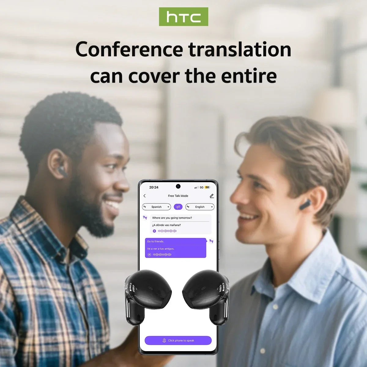 HTC NE20 Earphones Bluetooth V6 TWS Sports Wireless Headphones AI Translator Earbud In-Ear Noise Reduction Mic